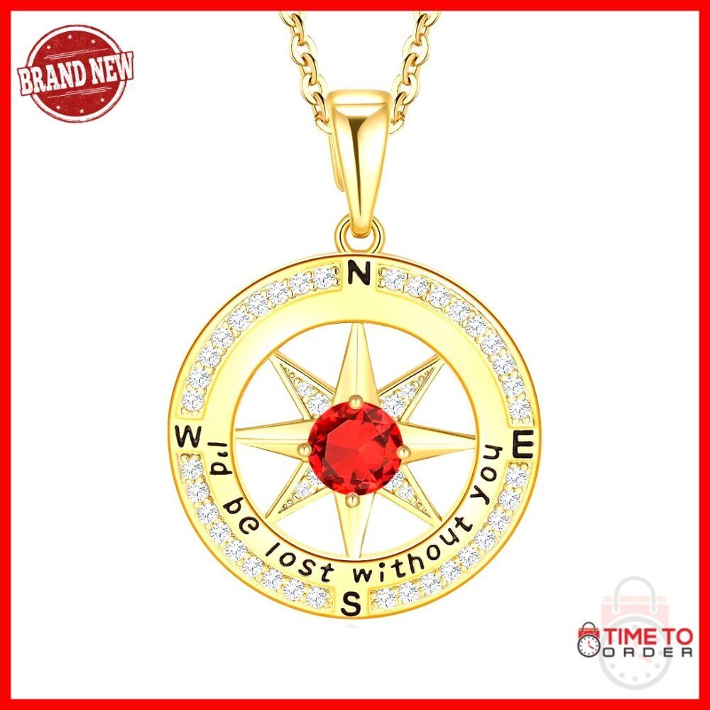 Sterling Silver Compass Pendant Necklace with Birthstones, 18" Adjustable